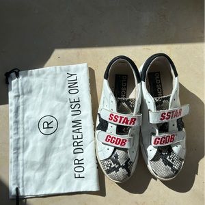 Rare Golden Goose Old School sneakers, white snake embossed, used, 8/38.